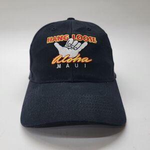 Maui Hang Loose Aloha Shaka Embroidered Black Strapback Hat by Hawaiian Headwear